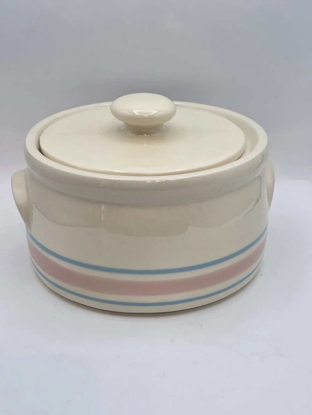 McCoy 1421 Pink & Blue Stripes Lidded Bean Pot Casserole - Picture 3 of 7